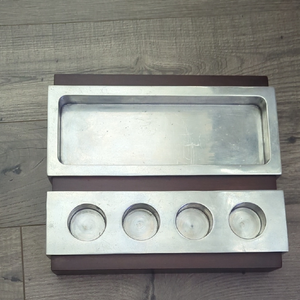 Candle Holder 10x12 Silver and Brown Wooden Exterior Metal Interior EUC